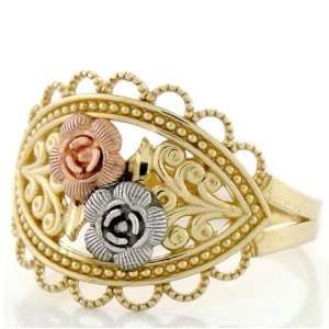    10K Solid Gold Tri Color Flower Rose Filigree Ring Jewelry