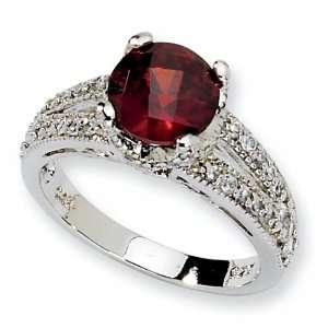 Sterling Silver Checker cut Dark Red & White Cubic Zirconia Ring (Size 
