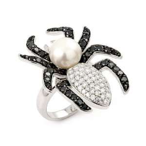 Ferroni Pave Black And White Cz Spider Ring With A Freshwater Pearl 