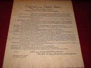 Bill of Rights 1789, Parchment Reproduction, Replica  