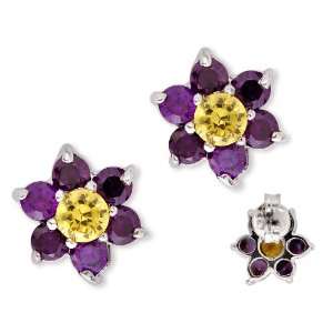 Round Simulated Amethyst Canary Center Flower Stud Earrings (Nice 