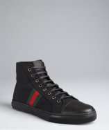 Gucci black canvas web stripe high top sneakers style# 320380701