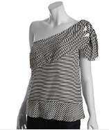 BCBGMAXAZRIA white and black striped silk tiered one shoulder blouse 