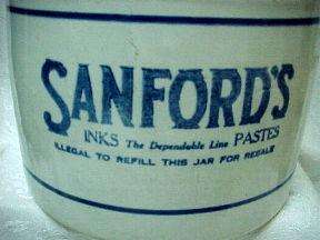   Old Sanfords Crock, Lid, Wood Bail Handle, Blue Decorated Inks Pastes