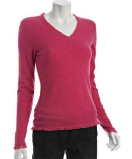 Magaschoni fuchsia cashmere fringe v neck sweater   