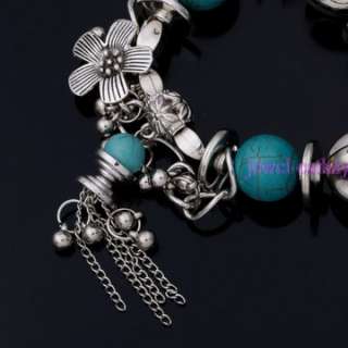 Blue Oval Turquoise Bead Carved flower Elastic bracelet  
