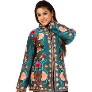 Ocean Depths Green Jacket from Kashmir with All Over Ari Embroidery 