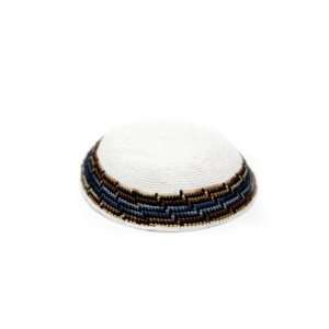  15 cm white knitted kippah with alternating colored border 
