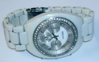 DKNY Designer Silver Tone Diamante Bezel Chronograph White Womens 