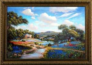 Landscape Texas Bluebonnets Oil Painting Art on Canvas Signed 24x36 