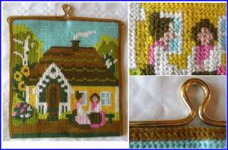 Swedish twist stitch embroidered sampler, two women in front of yellow 