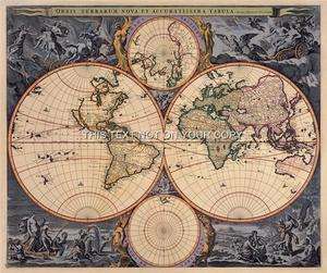   Antique Vintage Blue Colour Color Old World Map Plan Double Hemisphere