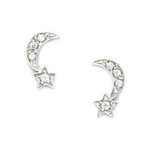  14k White Gold CZ Crescent Moon With a Star Screwback 