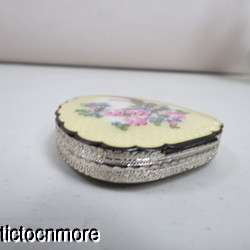   STERLING & GUILLOCHE FLORAL ENAMEL HEART SHAPED ROUGE POWDER COMPACT