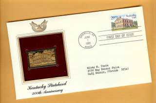 KENTUCKY 200th ANNIVERSARY 1992 22Kt Gold & Stamp FDC  