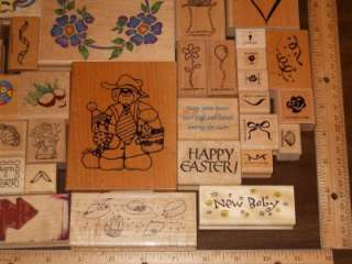 HUGE LOT *** 50+ ASSORTED WOOD MOUNTED RUBBER STAMPS (LOT W)  