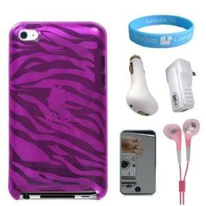  Scratch Proof Silicone Pink Zebra Case for iPod Touch 4G + Mirror 