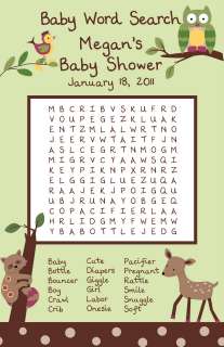   Enchanted Forest Baby Shower Word Search Game Cards   Deer, Owl  