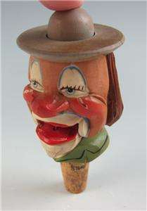 RARE ANRI Circus CLOWN MECHANICAL Figural BOTTLE STOPPER Carved WOOD 