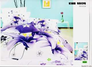 Purple Blue Floral queen bedding duvet covers sets 4pc  