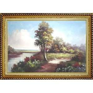 Along the River Oil Painting, with Linen Liner Gold Wood Frame 30.5 x 