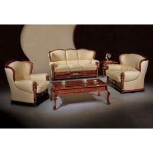  3PC LEATHER SOFA SET CARVED WOOD