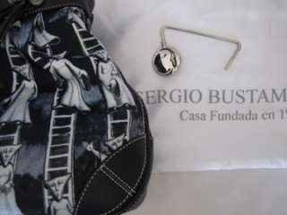 Sergio Bustamante PURSE Black White Ghost Fabric w Black Leather 