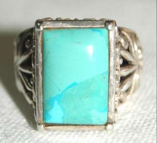 BIG BOLD BARSE CARVED FILIGREE TURQUOISE STERLING RING  