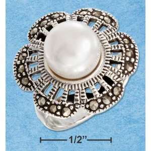  STERLING SILVER MARCASITE AND FRESH WATER PEARL FLOWER RING Jewelry