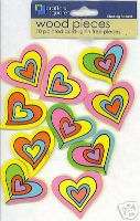 10 PAINTED WOOD PIECES MULTI COLORED HEARTS  