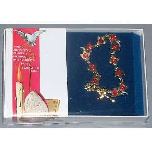 Holy Spirit Confirmation Bracelet   dove symbol with red glass beads 