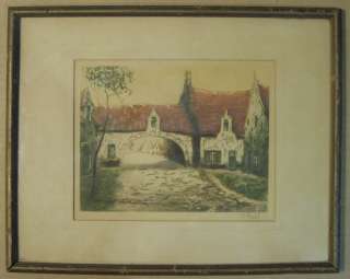   Color Etching Aquatint Print Hand Signed European Village Gatehouse