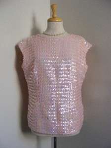 Vtg 50s 60s Opalescent Baby PINK SEQUIN Blouse Top Shirt L/XL  