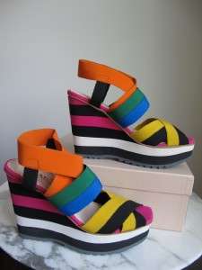 NIB Prada Elastic Multi Color Striped Wedge Sandals Shoes Runway 38 39 