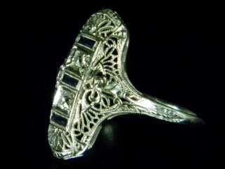 Antique Genuine White Gold Victorian Sapphire Diamond Filigree Ring