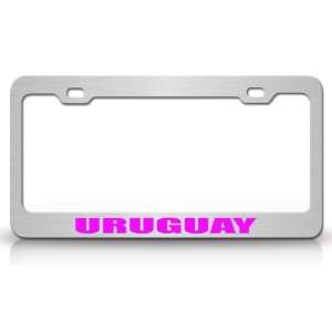 URUGUAY Country Steel Auto License Plate Frame Tag Holder, Chrome/Pink