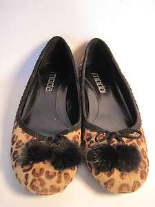 MODA Leopard Calf Hair Black Suede Ballet Flat Pom Pom Toe SZ 7.5 NEW