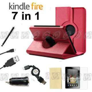 Stylish Kindle Fire PU Leather Case Cover/Car Charger/USB Cable/Stylus 