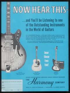 1966 Harmony solid semi Bigsby electric 3 guitar photos ad  
