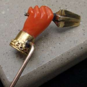 Masonic Stick Pin Vintage Coral Hand & Enamel Trowel 14k Gold  