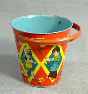   PAIL BUCKET LITHO TIN TOY~BOY GIRL BOAT TRUMPET WATERING CAN  
