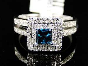 14K WHITE GOLD BLUE DIAMOND ENGAGEMENT BRIDAL WEDDING BAND RING SET 