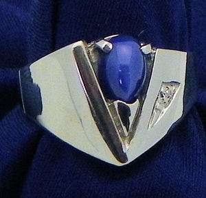 MENS STAR SAPPHIRE & DIAMOND RING SOLID 14KW GOLD  