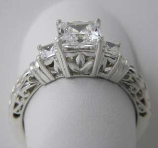   PRINCESS CUT 3 STONE ENGRAVED ENGAGEMENT RING SOLID 14K GOLD  