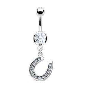 Gem Paved Lucky Horse Shoe Belly Navel Ring Dangle Clear Gems Button 