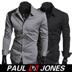 Elegant P&J Men’s Casual Slim Fit Patched Long Shirts Black/Grey 
