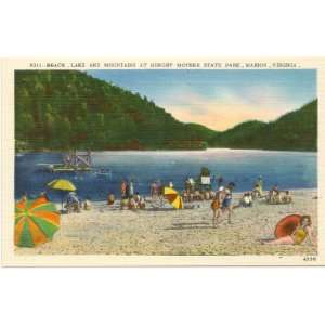 Vintage Postcard Beach, Lake and Mountains at Hungry Mother State Park 