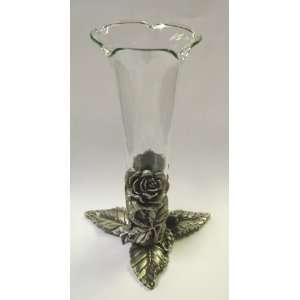  Pewter Roses Vase Holder w/Blown Glass Vase
