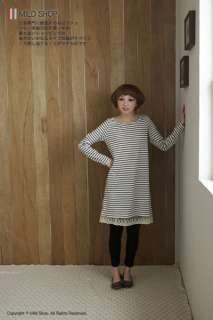 Japanese Fashion Style Womens Simple Stripe Long T shirt Tee Dress One 