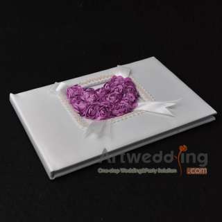 Purple Rosette Wedding Guest Book & Pen, Ring Pillow, Flower Basket 